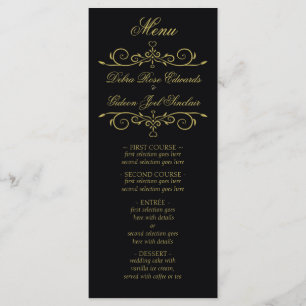 Elégant Black and Gold Heart Flourish Menu Mariage