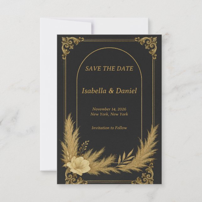 Elegant Black and Gold Save the Date Card (Devant)