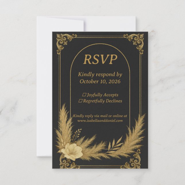 Elegant Black and Gold Wedding RSVP Card (Devant)
