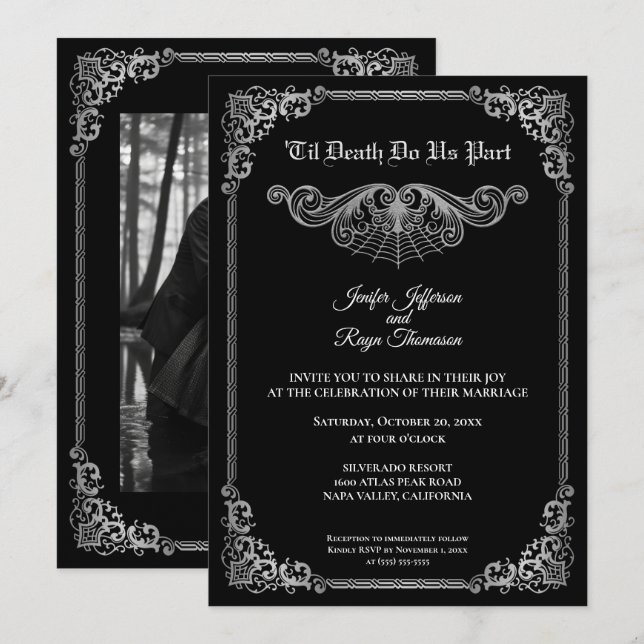 Elegant black and white Gothic wedding Invitation (Devant / Derrière)