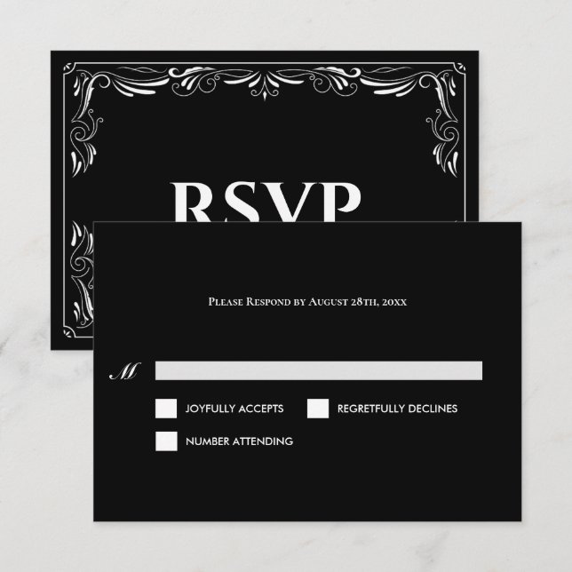 Elegant black and white Gothic Wedding RSVP Card (Devant / Derrière)