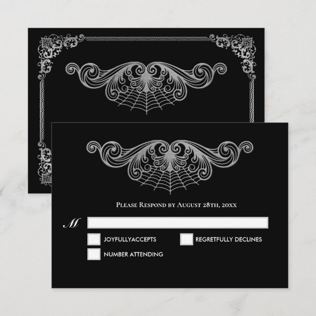 Elegant black and white Gothic Wedding RSVP Card (Devant / Derrière)