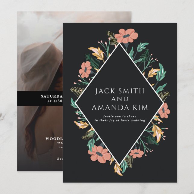 Elégant Black Blooming Flower Wedding Invitations (Devant / Derrière)