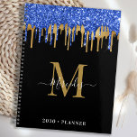 Elégant Black Blue Gold Parties scintillant Drives<br><div class="desc">Planificateur de calendrier monogramme personnalisé. Gardez à portée de main tous vos rendez-vous et votre calendrier grâce à notre planificateur de gouttes de parties scintillant noir et or moderne et élégant, avec une initiale et un nom monogrammés personnalisés. Ce planificateur unique est parfait pour la planification de bureau, l'horaire scolaire,...</div>