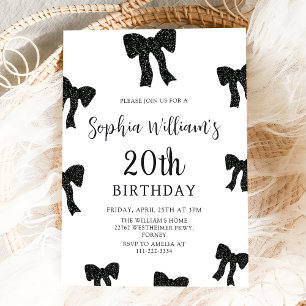 Elégant Black Bow 20th Birthday Party Invitation