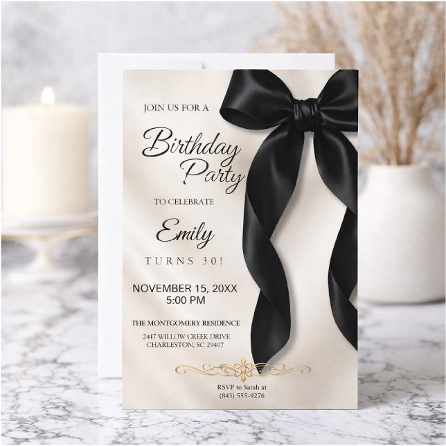 Elegant Black Bow Birthday Invitation (Créateur téléchargé)
