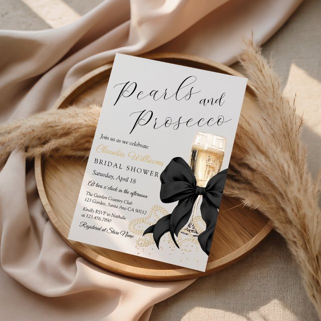 Elegant Black Bow Pearls Bridal Shower Invitation (Black bow and pearls bridal shower Invitation)