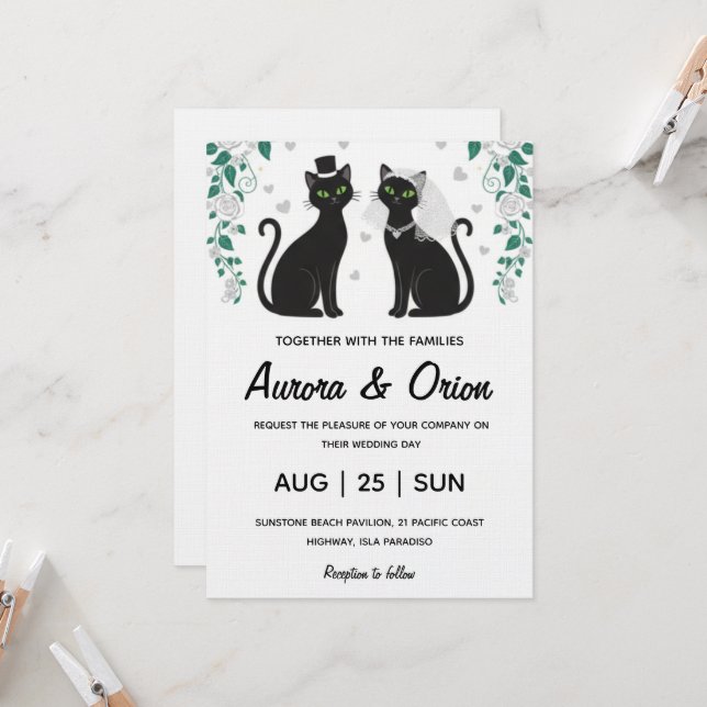 Elegant black cat wedding invitation (Devant/Arrière en situation)