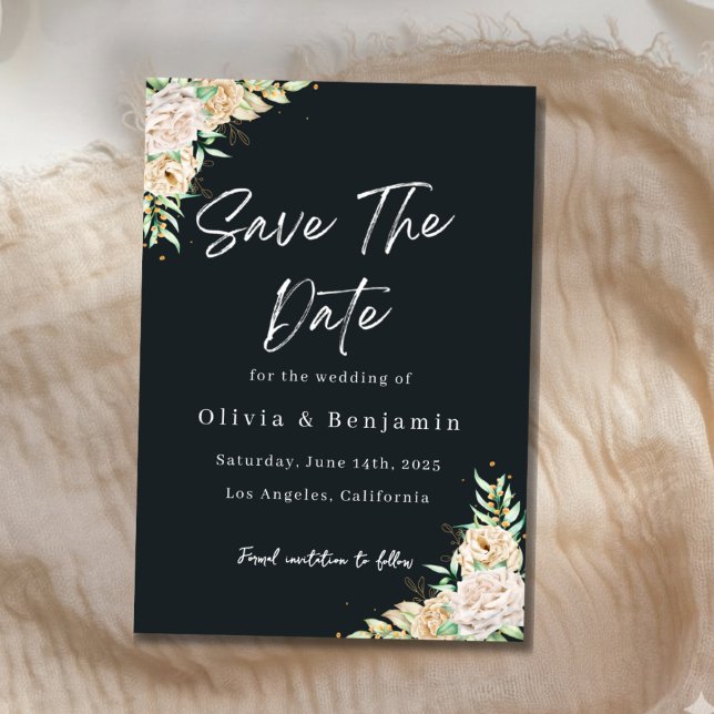 Elegant Black Floral Save the Date Card (Créateur téléchargé)
