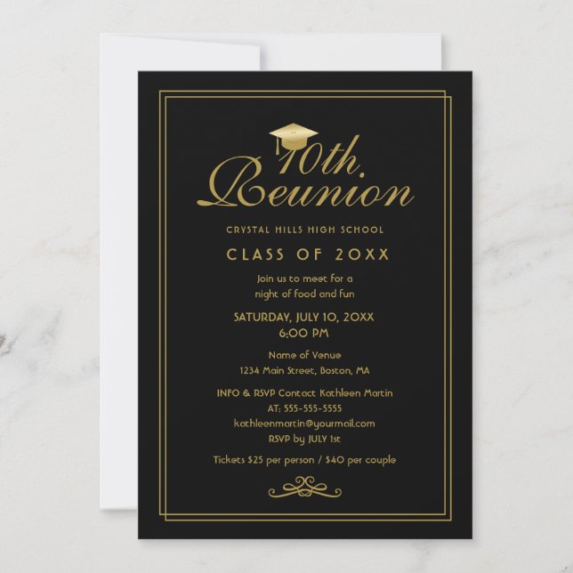 Elégant Black Gold 10e Classe Reunion Invitation (Devant)