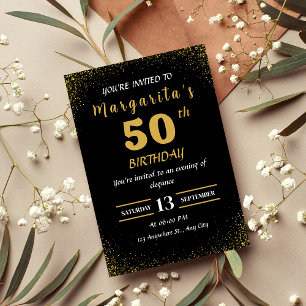 Elégant Black & Gold 50th Birthday Invitation