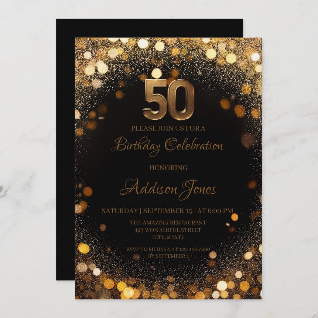 Elégant Black & Gold 50th Birthday Invitation (Devant / Derrière)