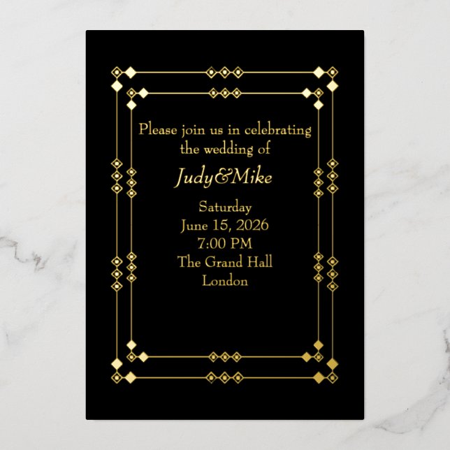 Elegant Black & Gold Art Deco Foil Invitation (Recto)