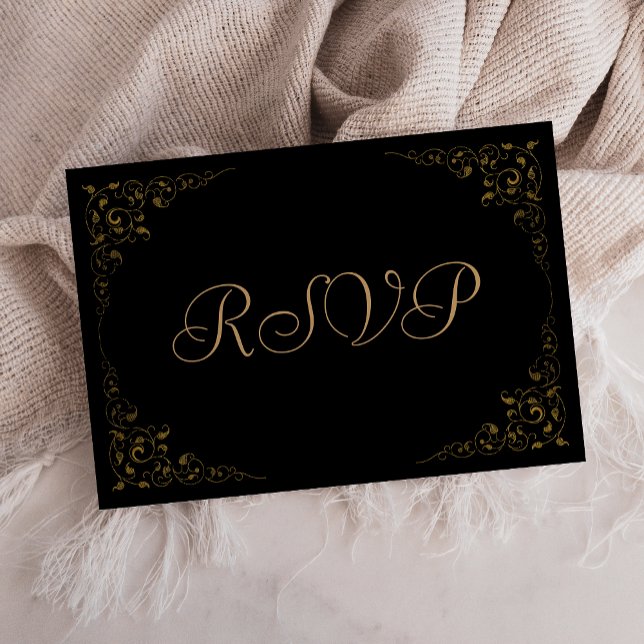 Elégant Black Gold Botanical Frame Wedding RSVP (Créateur téléchargé)