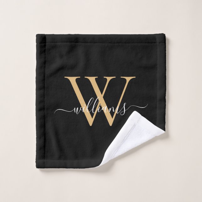Elegant Black Gold Custom Monogram Script Name (Gant de toilette)