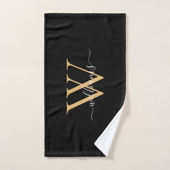 Elegant Black Gold Custom Monogram Script Name (Serviette à main)