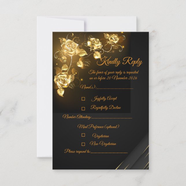 Elegant Black & Gold Floral RSVP Card | (Devant)
