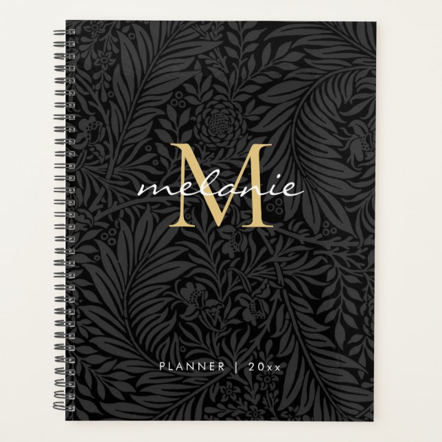 Élégant Black Gold Floral Script Monogramme Calend (Devant)