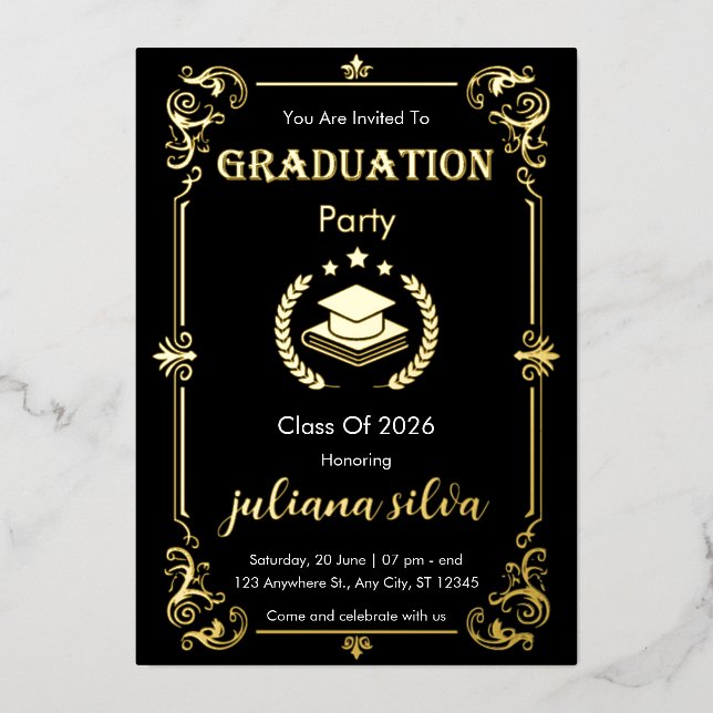 Elegant Black & Gold Foil Graduation Invitation (Recto)