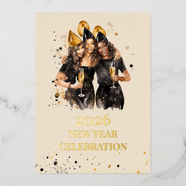 Elegant Black & Gold Foil New Year Invitation (Recto)