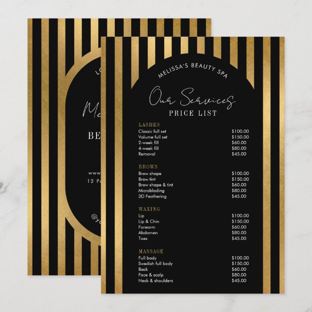 Elegant Black & Gold Lashes Hair Spa Price List (Devant / Derrière)