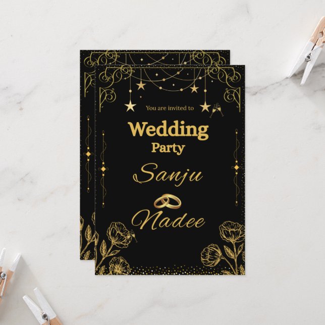 Elegant Black & Gold Minimalist Wedding Invitation (Devant/Arrière en situation)