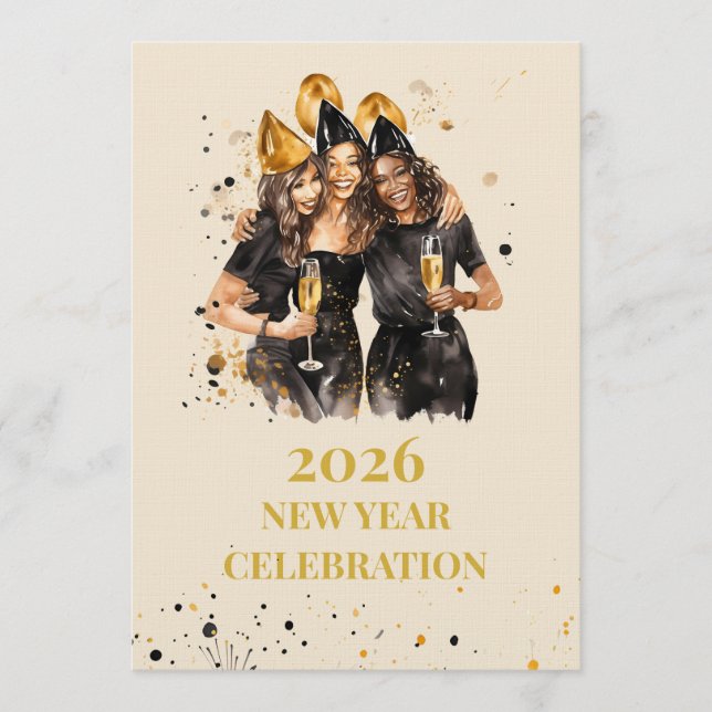 Elegant Black & Gold New Year Invitation (Devant)