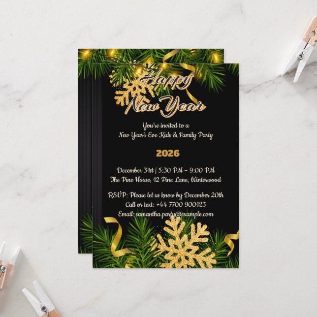 Elegant Black & Gold New Year Invitation 5x7  (Devant/Arrière en situation)