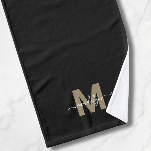 Élégant Black Gold Nom de script Monogramme (Elegant Black Gold Script Name Monogram Hand Towel)
