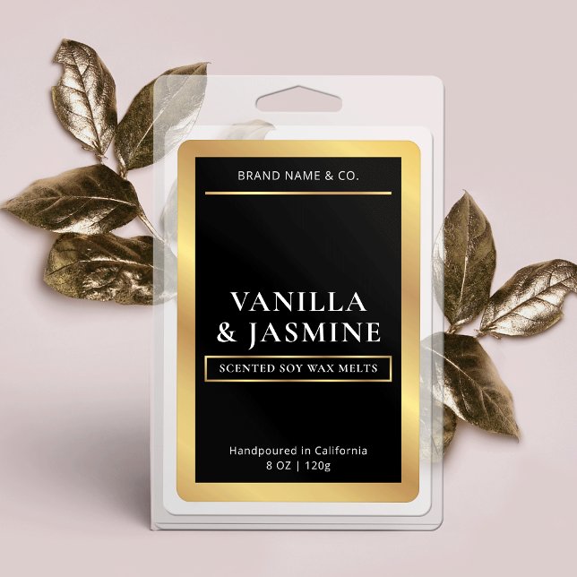 Elégant Black & Gold Packaging Wax Melts Étiquette (Elegant black and gold wax melts rectangle labels with gold foil effects)