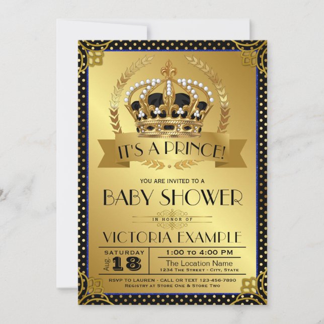 Elégant Black Gold Prince Baby Shower Invitations (Devant)