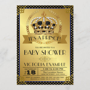 Elégant Black Gold Prince Baby Shower Invitations