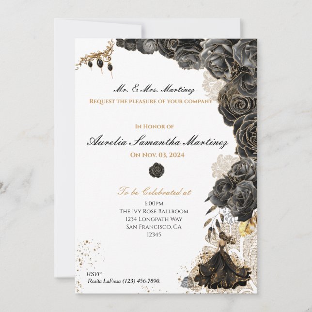 Elégant Black & Gold Quinceañera Floral Invitation (Devant)