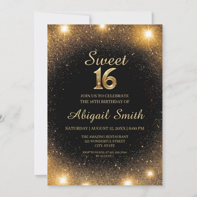 Élégant Black & Gold Sparkle Sweet 16 Invitation (Devant)