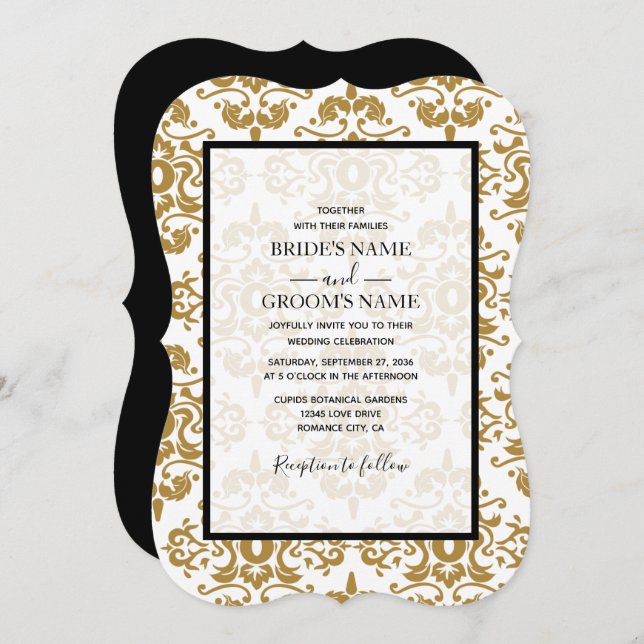 Elégant Black Gold Vintage Wedding Invitations (Devant / Derrière)