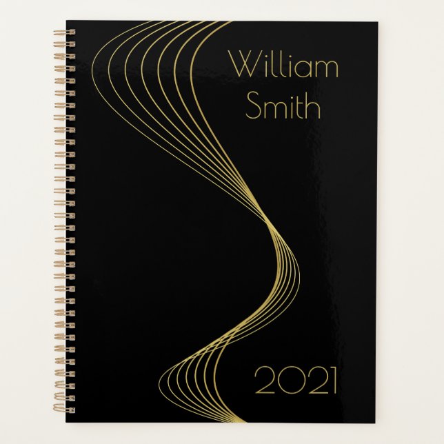 Élégant Black Gold Wavy Lines Planner (Devant)