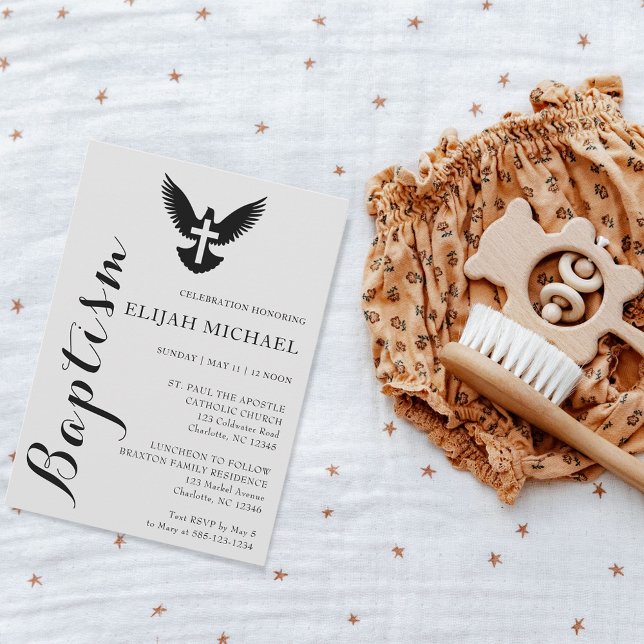 Élégant Black Grey Dove Cross Baptism Invitation (Créateur téléchargé)