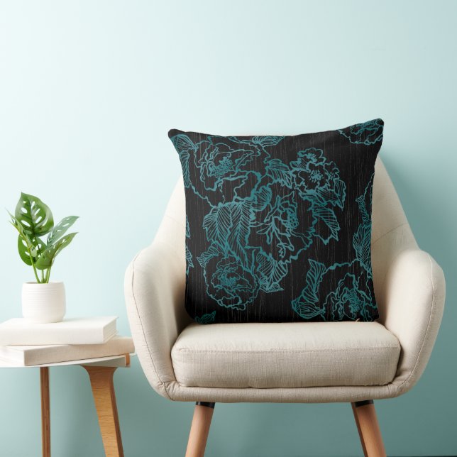 Elégant Black Peonies Coussin Floral Turquoise (Chaise)