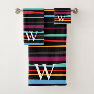 Elegant black purple and yellow stripes monogram