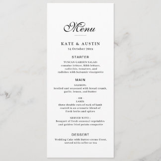 elegant black script white wedding menu card