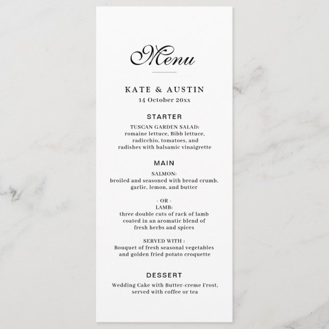 elegant black script white wedding menu card (Devant)