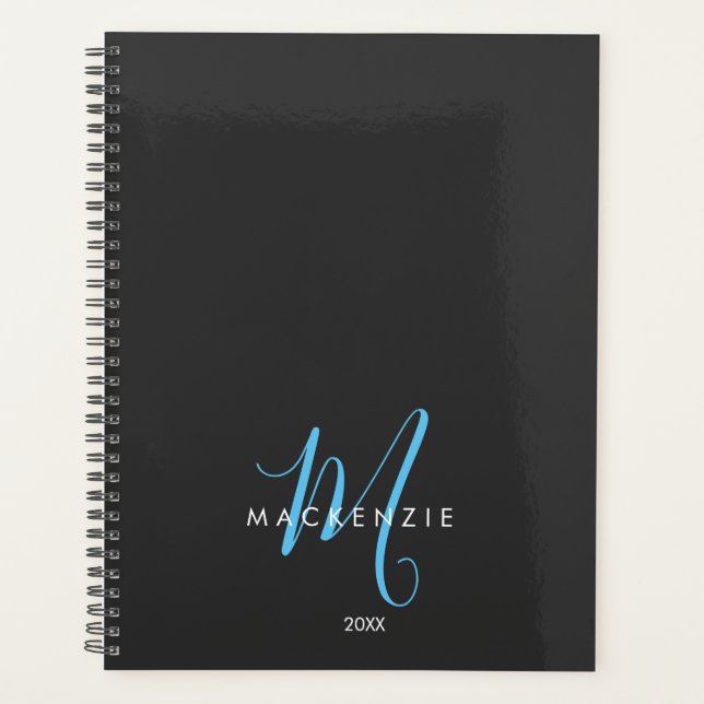 Élégant Black Sky Blue Script Monogramme moderne (Devant)