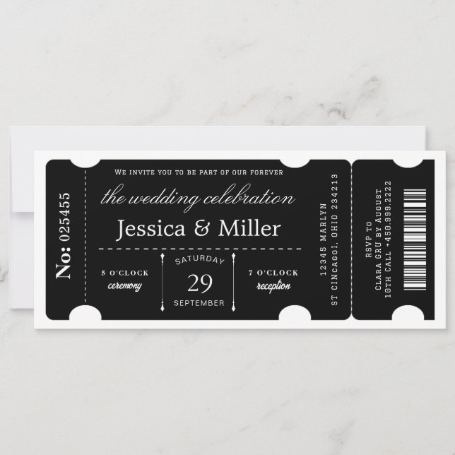 Elegant Black Ticket Wedding Invitation (Devant)