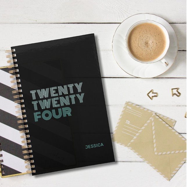 Elegant Black Turquoise Retro Nom Personnaliser 20 (black with teal lettering twenty twenty four planner)