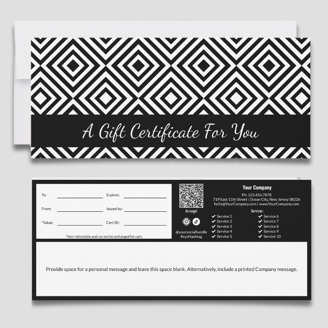 Élégant Black White Carrelage Motif Certificat cad (Elegant Black White Tile Pattern Gift Certificate, QR-code, Terms, Track-ID, Write Note)