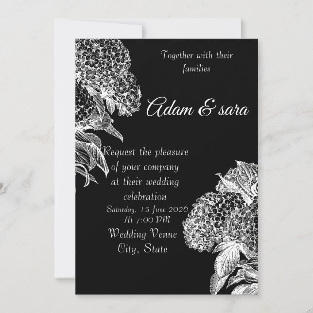 Elegant Black & White Floral Wedding Invitation (Devant)