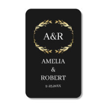 Elegant black white monogram wedding gold leaves