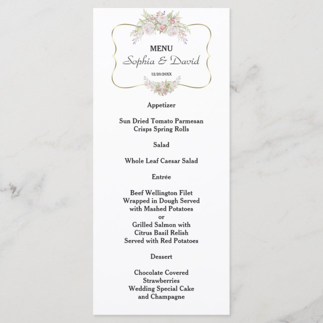 Elégant blanc Fleurs Gold Frame Mariage Menu (Devant)