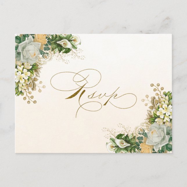Elégant Blanc Floral Or Mariage RSVP Invitation (Devant)