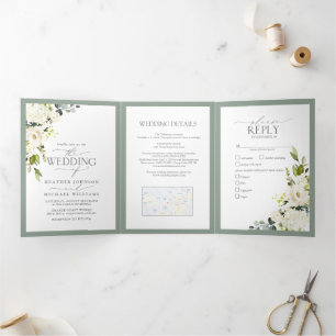 Elégant blanc gris vert Repas Mariage Tri-Fold